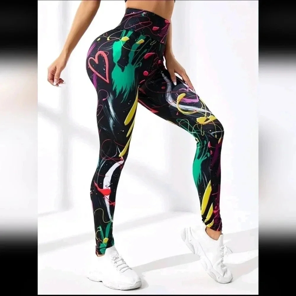 Rainbow paint splatter yoga exercise pants black heart women's XL 12 large form